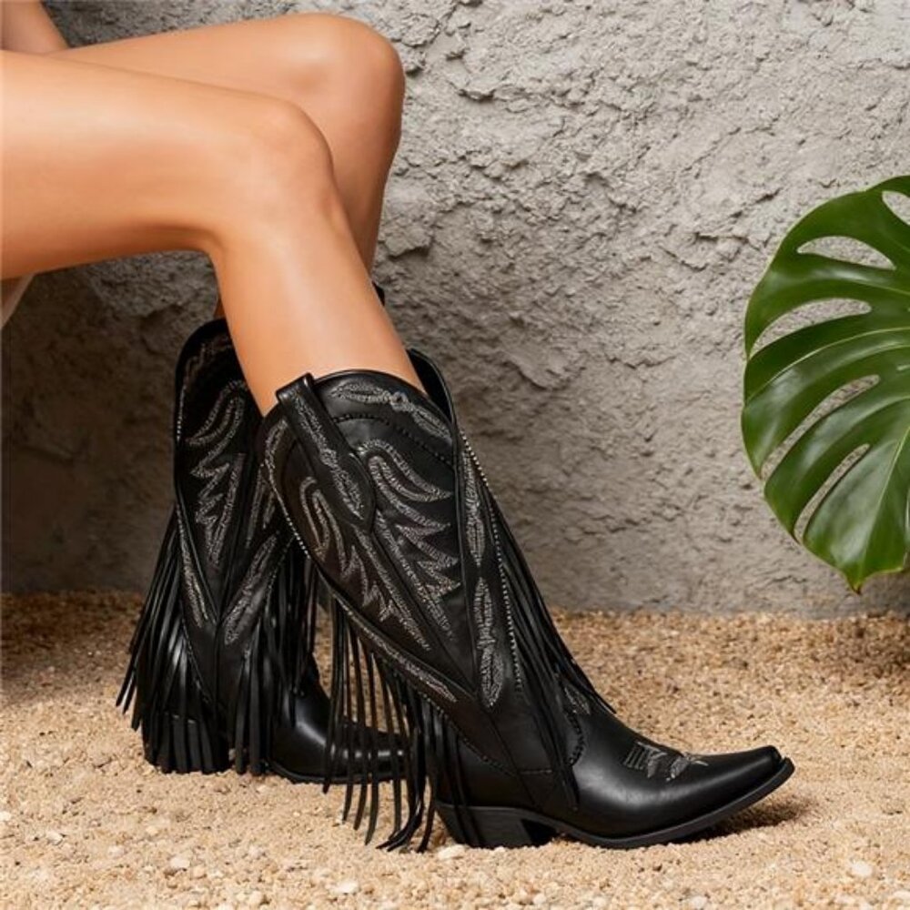 NWT Multiple Sizes Women's Knee-High Western Cowboy Boots Fringe & Tassels - Picture 2 of 3